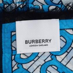 Pre Owned Burberry Blue Monogram Printed Silk & Wool Scarf