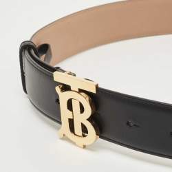 Pre Owned Burberry Black Leather TB Logo Buckle Belt S
