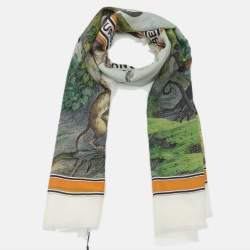 Pre Owned Burberry Green/White Monkey Print Lightweight Cashmere Scarf