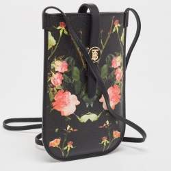 Burberry Black Floral Print Coated Canvas Anne Phone Pouch with Strap