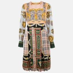 Burberry Multicolor Scarf Print Silk Pleated Long Sleeve Midi Dress M