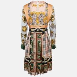 Burberry Multicolor Scarf Print Silk Pleated Long Sleeve Midi Dress M