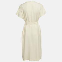Pre Owned Burberry Off-White Crepe Belted Midi Dress S
