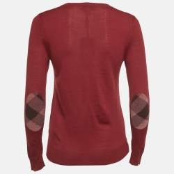 Pre Owned Burberry Red Merino Wool Knit Elbow Patch Sweater XS