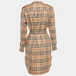 Pre Owned Burberry Beige Check Print Cotton Belted Short Dress M