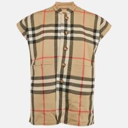 Pre Owned Burberry Beige Sarah Check Wool and Cotton Sleeveless Cape L