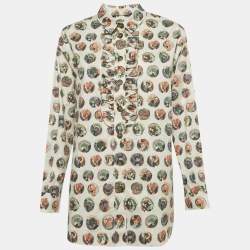 Pre Owned Burberry Beige Mask Print Cotton Ruffle Detail Shirt M