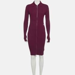 مملوكة مسبقًا Burberry Burgundy Rib Knit Zip-Up Midi Dress S