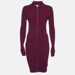 مملوكة مسبقًا Burberry Burgundy Rib Knit Zip-Up Midi Dress S