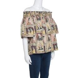 Pre Owned Burberry Umber Brown Framed Heads Printed Cotton Off Shoulder Top L