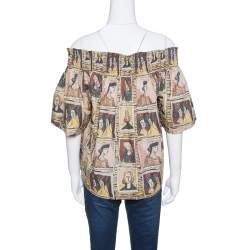 Pre Owned Burberry Umber Brown Framed Heads Printed Cotton Off Shoulder Top L