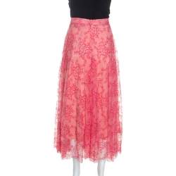 Pre Owned Burberry Pink Pleated Lace Wilton Midi Skirt L