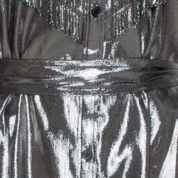 Pre Owned Burberry Metallic Silver Silk Lamé Belted Shirt Dress L