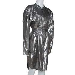 Pre Owned Burberry Metallic Silver Silk Lamé Belted Shirt Dress L