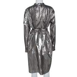 Pre Owned Burberry Metallic Silver Silk Lamé Belted Shirt Dress L
