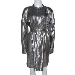 Pre Owned Burberry Metallic Silver Silk Lamé Belted Shirt Dress L