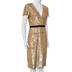 مملوكة مسبقًا Burberry Vintage Gold Sequined V Neck Sheath Dress S