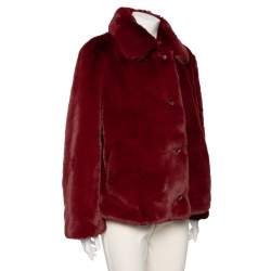 Pre Owned جاكيت بربري فرو صناعي أحمر بأزرار أمامية مقاس متوسط - ميديوم