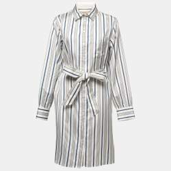 Pre Owned Burberry Multicolor Striped Silk Belted Shirt Midi Dress L