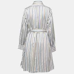 Pre Owned Burberry Multicolor Striped Silk Belted Shirt Midi Dress L