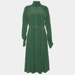 Burberry Green Silk Crystal Embellished Long Sleeve Gown S