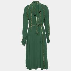 Burberry Green Silk Crystal Embellished Long Sleeve Gown S