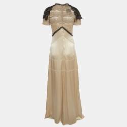 Pre Owned Burberry Beige Silk & Lace Semi Sheer Maxi Dress S
