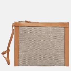 Pre Owned Burberry Beige/Tan Canvas and Leather Wristlet Pouch