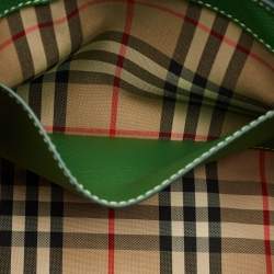 Pre Owned Burberry Green/Beige Check Canvas and Leather Note Shoulder Bag