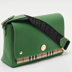 Pre Owned Burberry Green/Beige Check Canvas and Leather Note Shoulder Bag