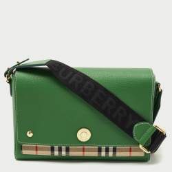 Pre Owned Burberry Green/Beige Check Canvas and Leather Note Shoulder Bag