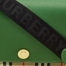 Pre Owned Burberry Green/Beige Check Canvas and Leather Note Shoulder Bag