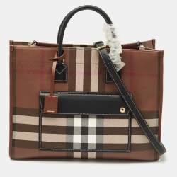 Pre Owned Burberry Brown/Black Check Coated Canvas and Leather Medium Freya Tote