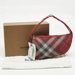 Pre Owned Burberry Red Check Knit Fabric Mini Baguette Bag 