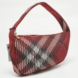 Pre Owned Burberry Red Check Knit Fabric Mini Baguette Bag 