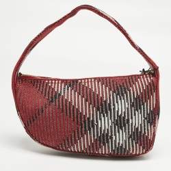 Pre Owned Burberry Red Check Knit Fabric Mini Baguette Bag 