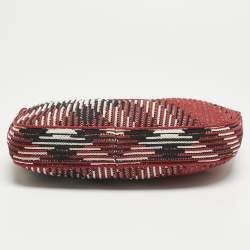 Pre Owned Burberry Red Check Knit Fabric Mini Baguette Bag 