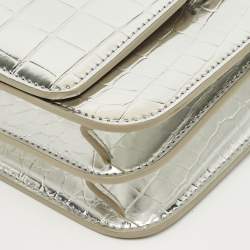 Pre Owned Burberry Silver Croc Embossed Patent Leather Small TB Shoulder Bag