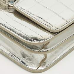 Pre Owned Burberry Silver Croc Embossed Patent Leather Small TB Shoulder Bag