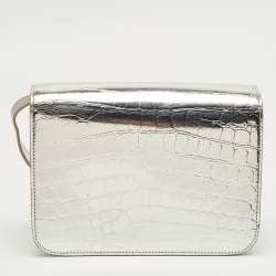 Pre Owned Burberry Silver Croc Embossed Patent Leather Small TB Shoulder Bag