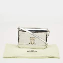 Pre Owned Burberry Silver Croc Embossed Patent Leather Small TB Shoulder Bag
