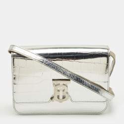 Pre Owned Burberry Silver Croc Embossed Patent Leather Small TB Shoulder Bag