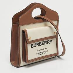 Pre Owned Burberry Brown/Cream Leather and Canvas Mini Pocket Tote