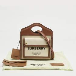 Pre Owned Burberry Brown/Cream Leather and Canvas Mini Pocket Tote