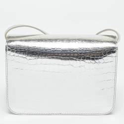 Pre Owned Burberry Silver Croc Embossed Patent Leather Small TB Shoulder Bag