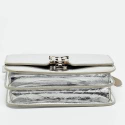 Pre Owned Burberry Silver Croc Embossed Patent Leather Small TB Shoulder Bag