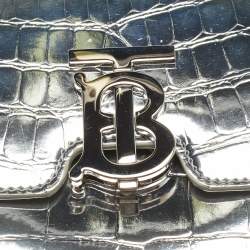 Pre Owned Burberry Silver Croc Embossed Patent Leather Small TB Shoulder Bag