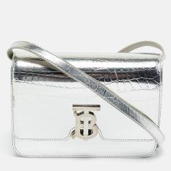 Pre Owned Burberry Silver Croc Embossed Patent Leather Small TB Shoulder Bag