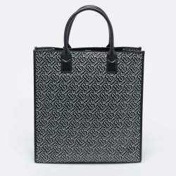 Pre Owned Burberry Black/White TB Logo Leather Vertical Denny Tote