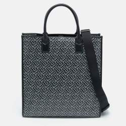Pre Owned Burberry Black/White TB Logo Leather Vertical Denny Tote